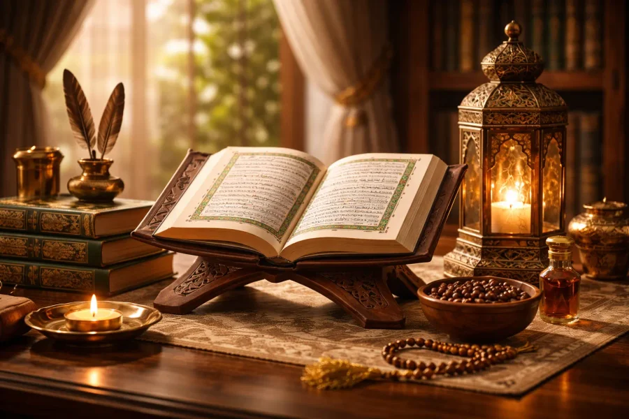 An open Quran on a wooden stand beside a lantern